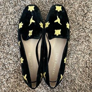 Jack rogers - black velvet flats with embroidered gold turtles and birds